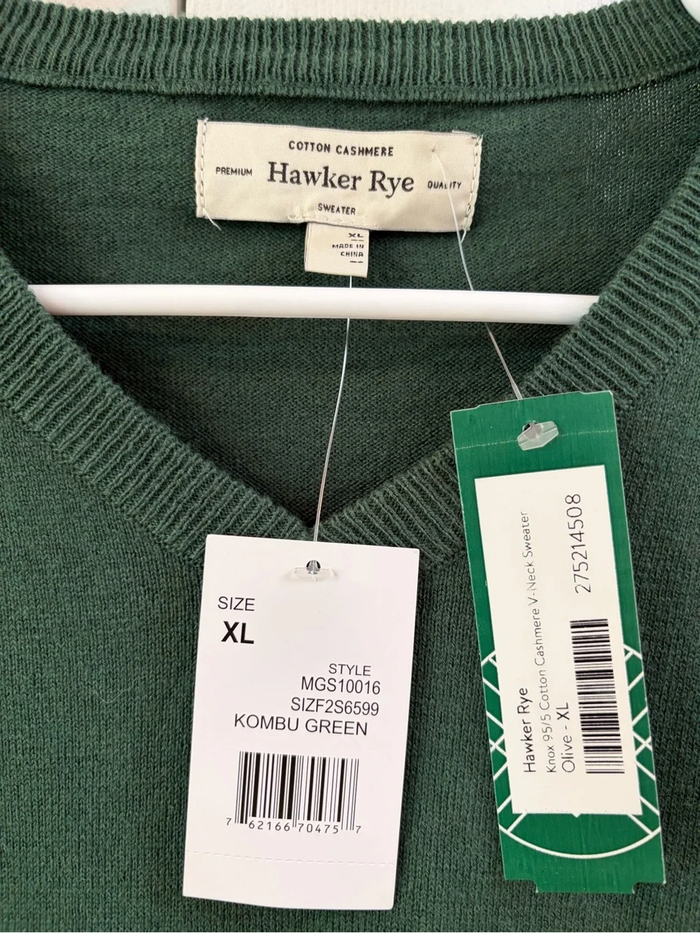 Hawker Rye Hunter Green V-Neck Cotton/ Cashmere Blend Sweater Size XL